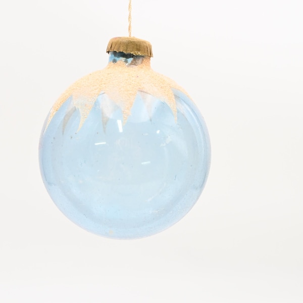 Vntg  WWll Era Ornament Unsilvered Clear Blue Frosted Snowcap Paper Cap Box #175
