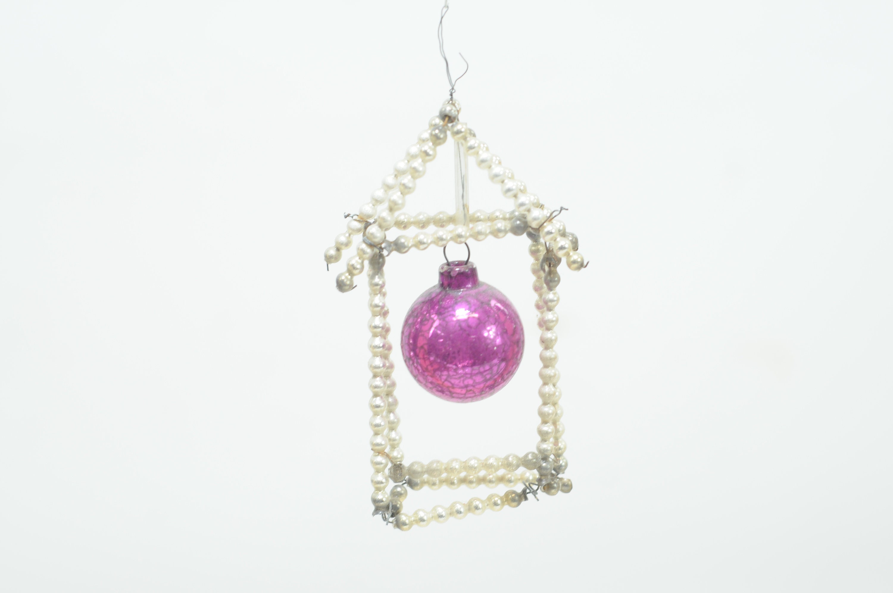 Antique House Shape Christmas Ornament Glass Bead Christmas Ornament With Wire Iridescent White Purple and Silver Beads (Box #79.+)