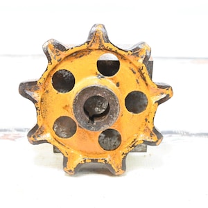 Vintage Yellow Industrial . Iron Wheel Gear Industrial Salvage Fabulous 5.25&quot; 5 Hole Farm Tractor Gear Industrial Art Urban Art