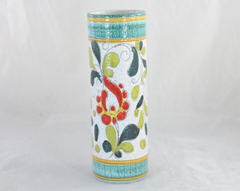 Vintage . Cylindrical Vase Italian Pottery Vase Made In Italy Vibrant Floral Textured Design