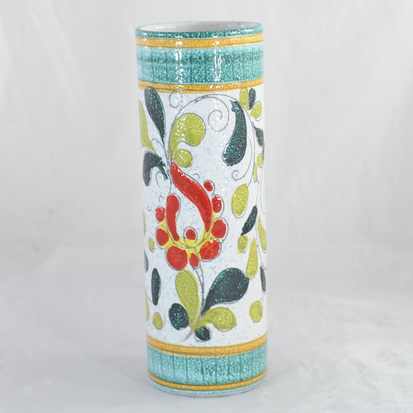 Vintage . Cylindrical Vase Italian Pottery Vase Made In Italy Vibrant Floral Textured Design