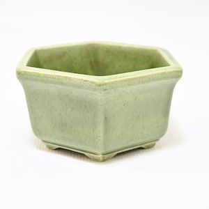 May include: A hexagonal ceramic planter with a light sage green glaze and a speckled finish. The vessel features a wide, open top with a thick rim, tapered sides, and four small, integrated feet at the base, providing a stable foundation.