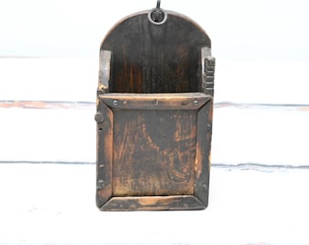 Antique . Primitive Folk Art Farmhouse Wood Splinter Box Wall Box Candle Box #2 +
