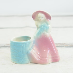 Vintage 1940s MidCentury Porcelain Ceramic Southern Belle Girl Planter Blue and Pink +