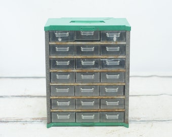 Vintage Green and Silver Parts Drawers Industrial Parts Bin Metal Storage 21 Drawers #2