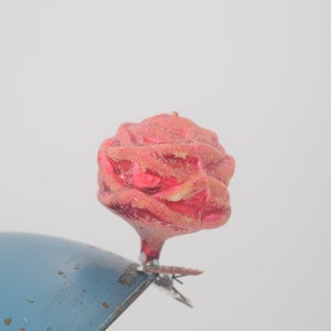 Vintage Christmas Ornament Blown Glass Dark Pink Rose Flower Clip On Christmas Ornament German Box #27