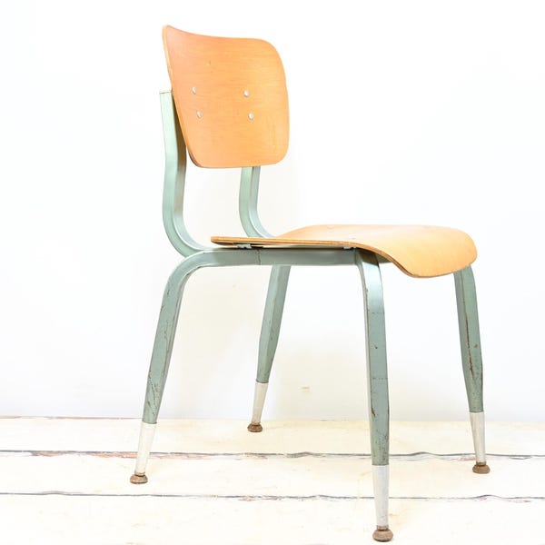 Vintage 1960's Bent Wood and Blue Green Metal Desk Chair School Chair
