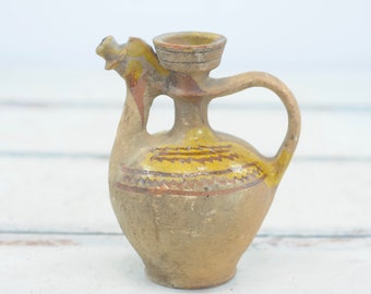 Antique 19th Century Decorated Redware Terra Cotta French European Jug Pitcher Oil Water