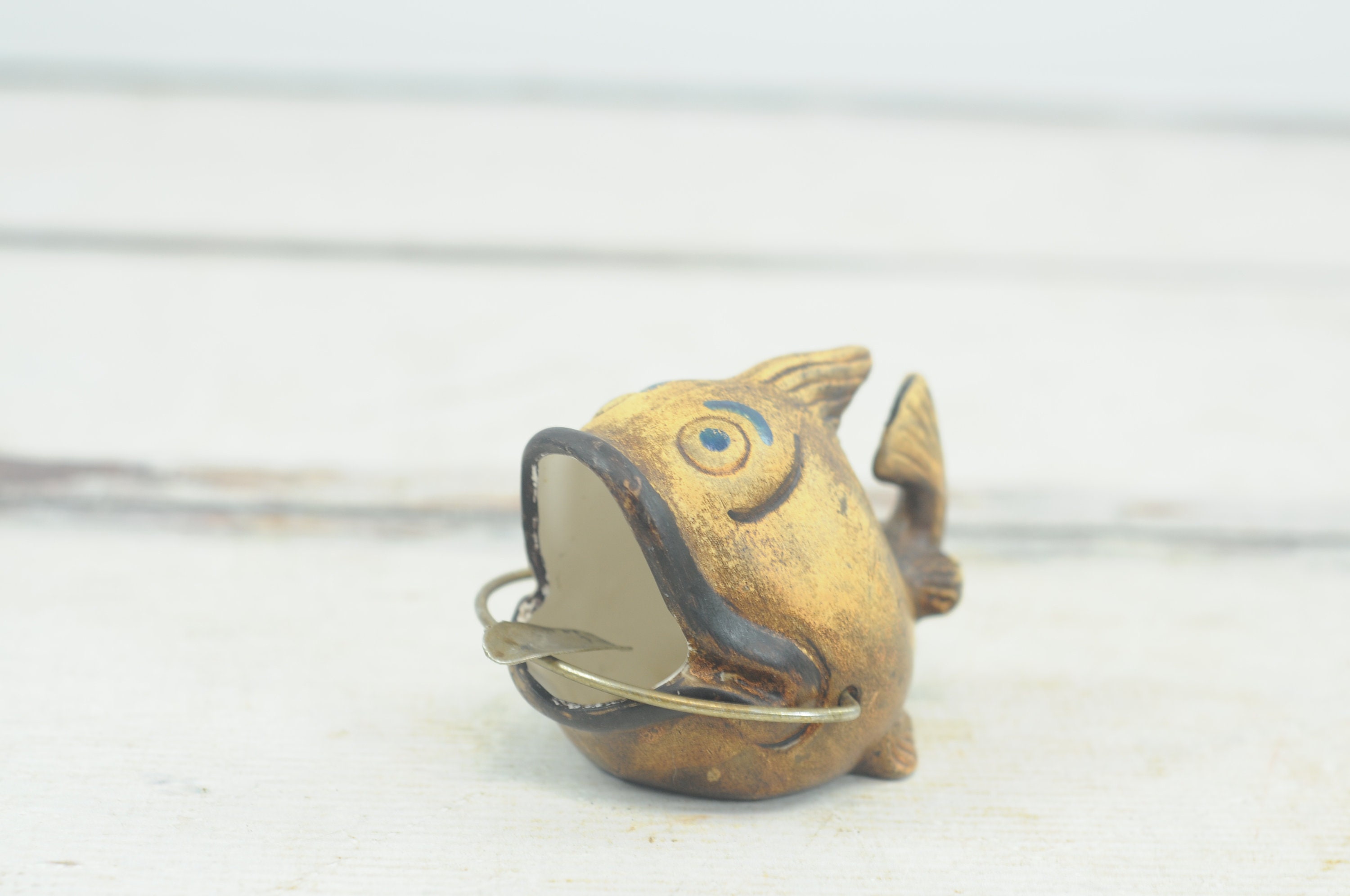 Vintage Ceramic Fish Shaped Figural Ashtray With Brass Rest Fish