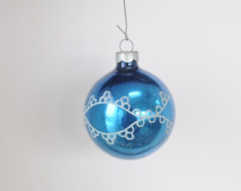 Vintage Christmas Ornament Blue With White Glitter Made In USA Glass Christmas Ornament Box #4-24...+