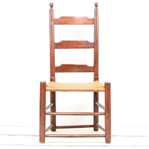 Antique Early to Mid 1800s Ladder Back Shaker Chair 3 Slat Rush Seat Sturdy Low Ladderback