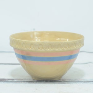 Antique Yellow Ware McCoy Stoneware Bowl USA Mixing Bowl Blue/Pink Stripes McCoy 9.5&quot;
