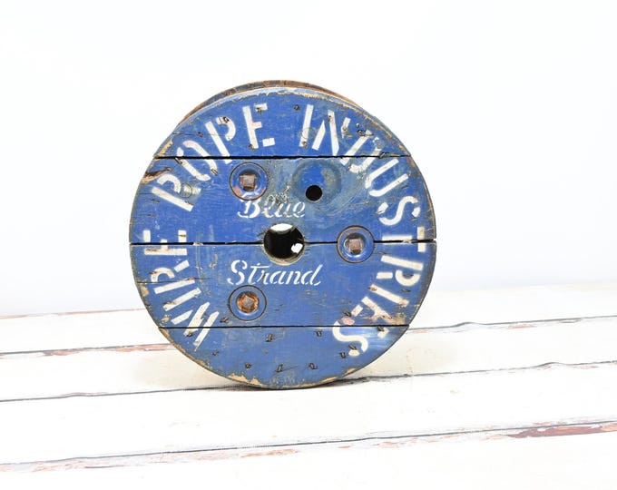 Vintage . WOODEN SPOOL Factory Spool Wire Rope Industries Old Blue ...