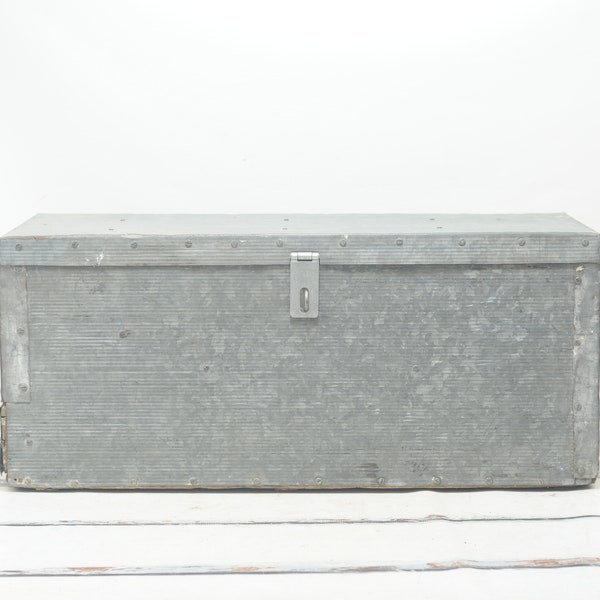 Vintage/Antique . Hand Made Trunk, Carpenters Chest Covered in Ribbed Steel Divided Wood Drawer Wood Trunk 32"L x 15.25"W x 13.75"H