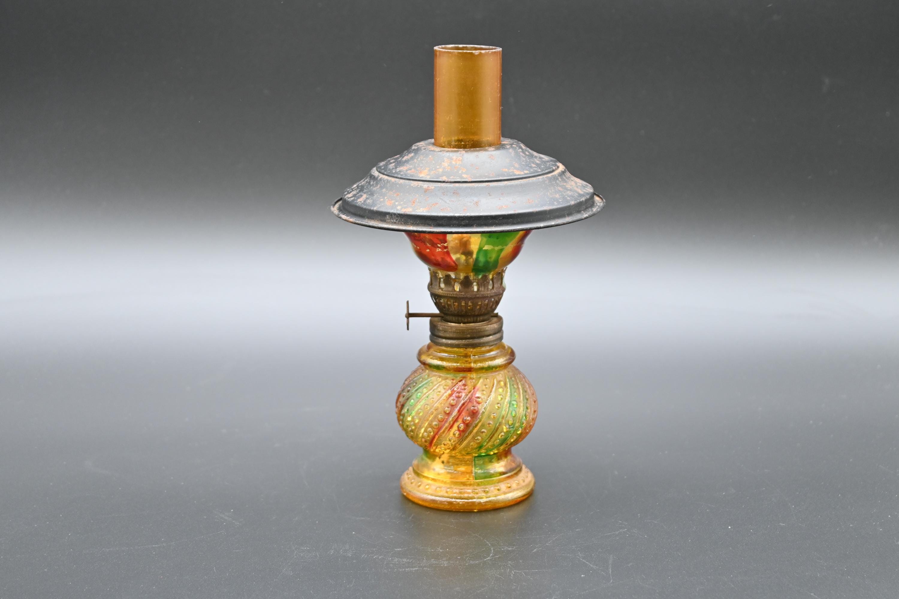 Vintage Enesco Small Glass Oil Lamp Carnival Glass  Painted Lamp and Chimney Metal Hood DecorMade in Japan
