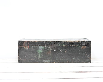 Vintage . Carpenters Black Tool Box Chest Hand Made Primitive Folk Art Wooden Trunk With Dived Wood Tray 42x13.25x12