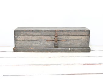 Antique . Handmade Wood Carpenters Chest Iron Hardware  Primitive AAFA Folk Art Wood Trunk Bear Padlock 34.25x10.25x10