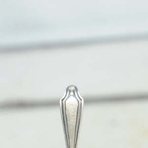 May include: Close-up of the ornate, silver handle of a spoon.