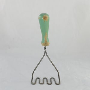 Vintage . Potato Masher Vintage Green Wood Handle Kitchen Tool #4