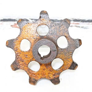 Vintage Yellow Industrial . Iron Wheel Gear Industrial Salvage Fabulous 5.5&quot; 5 Hole Farm Tractor Gear Industrial Art Urban Art
