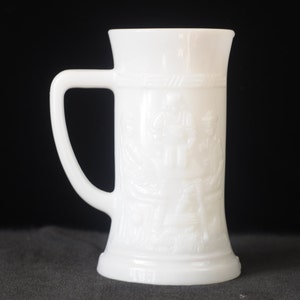 Vintage . Federal Glass Co Milk Glass Mug Stein with Raised Pub Scene Design