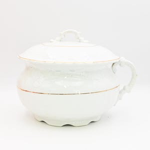 Antique/Vintage White Covered Vitreous Porcelain Chamber Pot White Embossed Scrolls Gold Trim