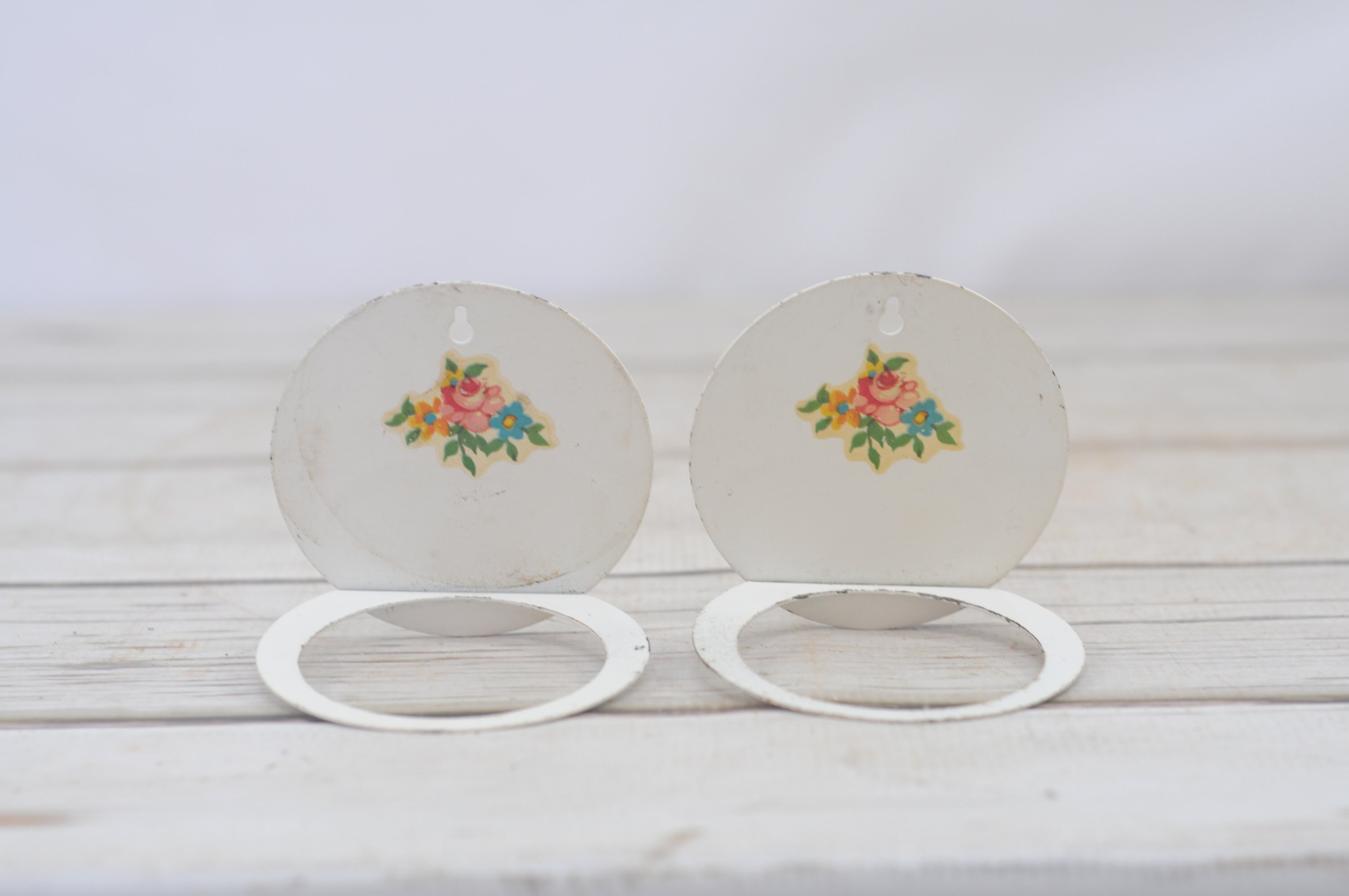 Two Vintage Antique Metal 1930s Bathroom Wall Cup Holders Bath Kitchen Shabby