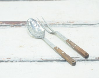 Vintage . Maid of Honor USA Slotted and Carving Fork With Wood Handles Spoon Serving Cooking Spoon and Fork