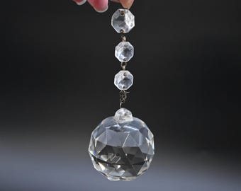 Vintage Large Crystal Faceted Ball Prism Chandelier Lamp Pull Feng Shui Suncatcher Box 2509
