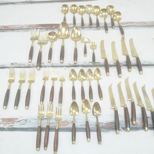 Vintage 41 Piece MCM MidCentury Brass Flatware with Teak Handles Mixed Lot Not Complete +
