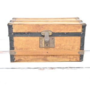 Antique  Child&#39;s Toy Miniature Doll&#39;s Steamer Trunk Wood and Canvas Flat Top