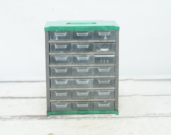 Vintage Green and Silver Parts Drawers Industrial Parts Bin Metal Storage 21 Drawers