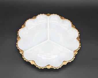 Anchor Hocking Ivory White Milk Glass Divided Dish Relish Plate 22K Gold Rim