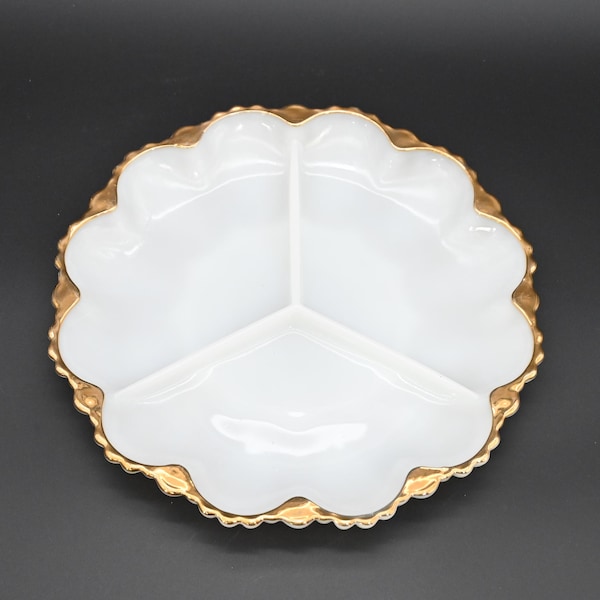 Anchor Hocking Piatto per condimenti in vetro bianco latte avorio con bordo in oro 22K