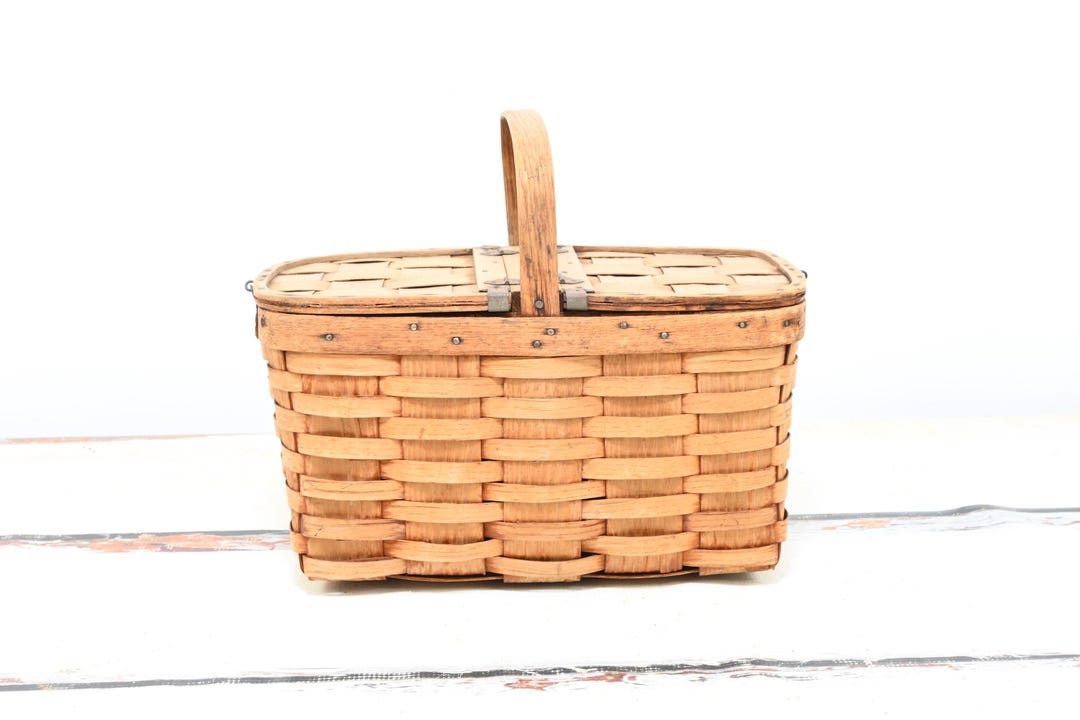 Antique Primitive Country Farm Oak Splint Picnic or Market Basket 2 ...
