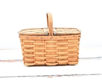 Antique Primitive Country Farm Oak Splint Picnic or Market Basket 2 Hinged Lids