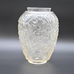 May include: Clear glass vase with a rounded body and a slightly flared rim. The vase features an embossed floral design covering its surface. The glass has a slight yellow tint, and the vase is set against a dark background.