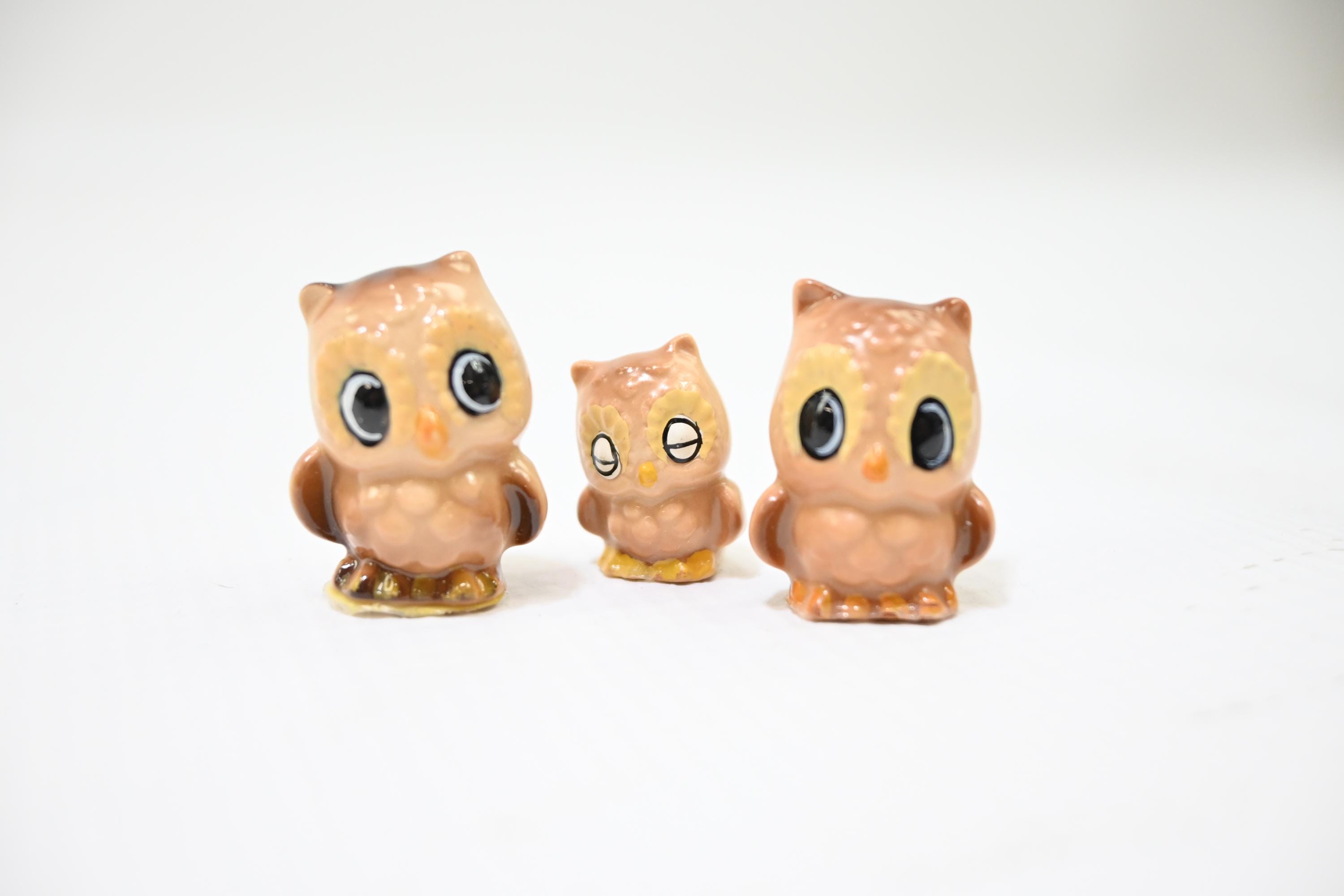 Three Vintage Miniature Owls Porcelain/Ceramic Owl and Owlets .75"H-1"H Josef?