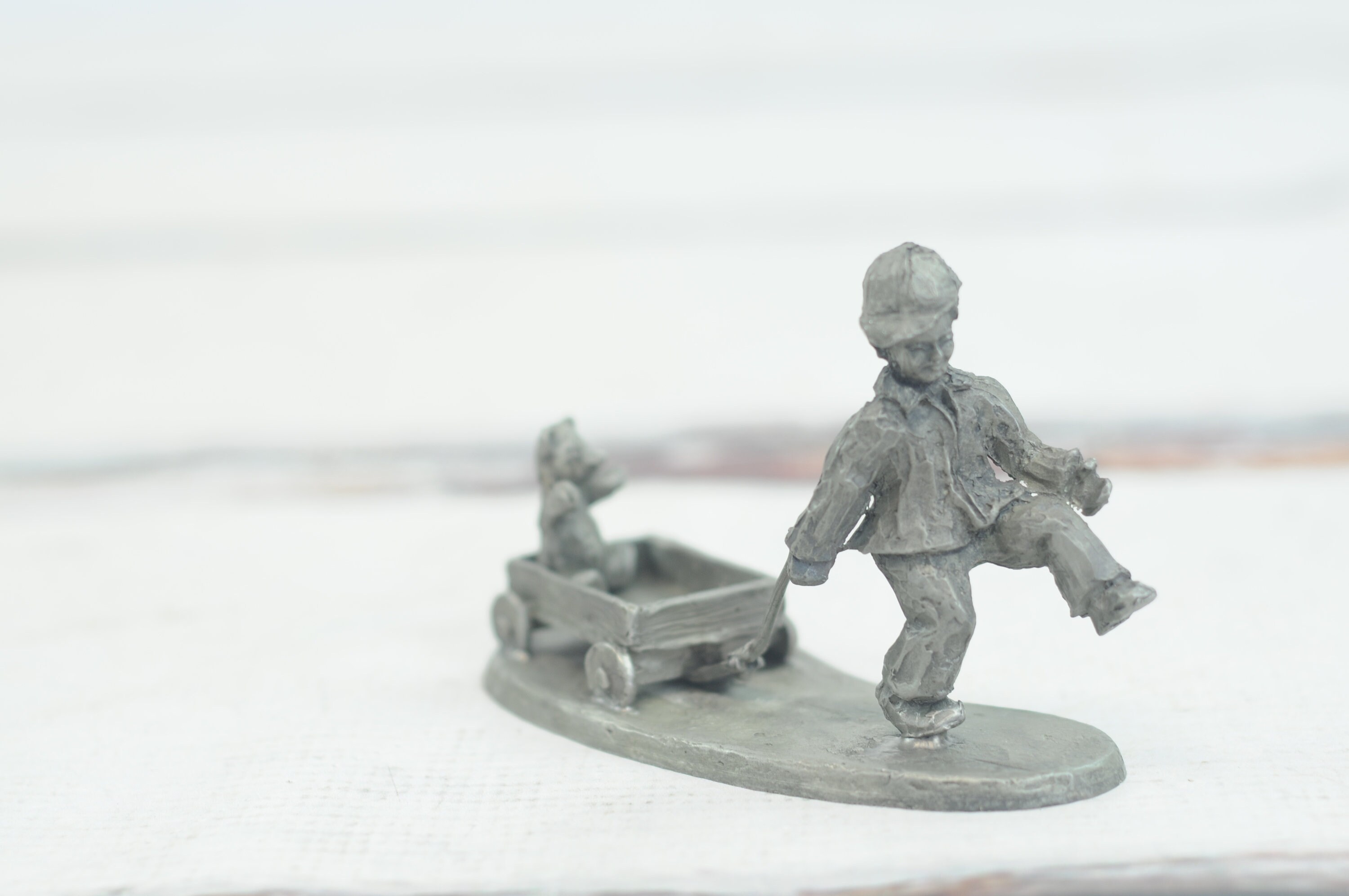 Vintage Handmade Metalwork Figurine Boy Pulling Teddy Bear in His Wagon ...