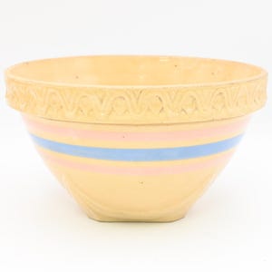 Antique/Vintage . McCoy Yellow Ware Stoneware Mixing Bowl Blue and Pink Stripes USA
