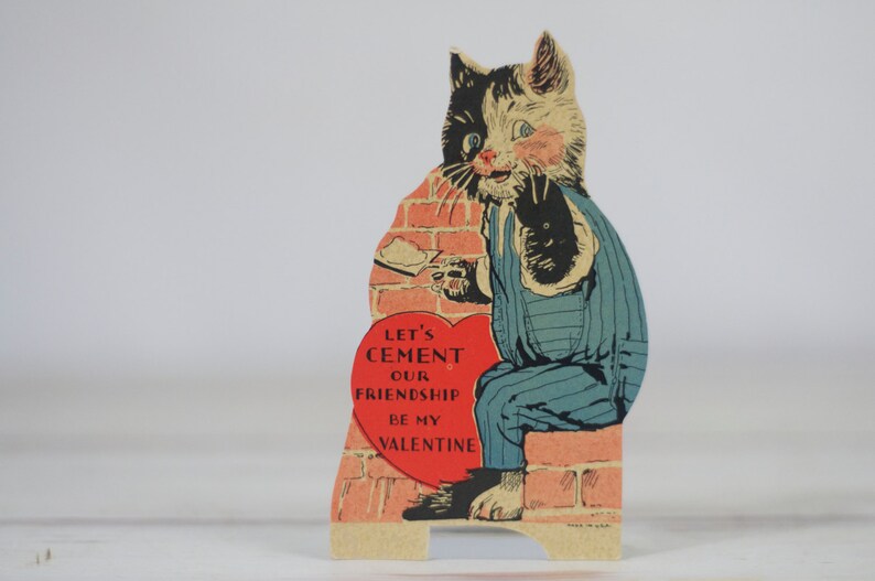 Vintage Valentines Card Cat Kitten Brick   E4