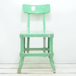 Antique/Vintage . Green Industrial Stool 16.25" Lab Stool Metal With Metal Back Rest