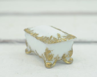 Antique Milk Glass With Gold Scroll Highlights Vanity Jar Vanity Box Trinket Box Glass Bowl Decorative