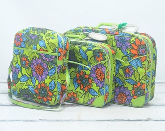 Vintage Set Of 3 MidCentury Stratolite Suitcases Flower Canvas Travel Cases Good Cond.Retro Flower Suitcases Boho Suitcase