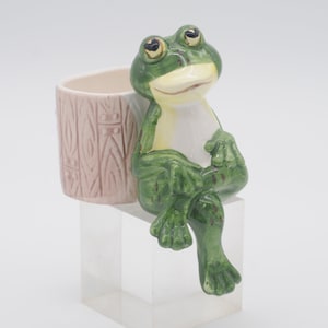 Puede incluir: Una maceta de cerámica con forma de rana verde, vientre amarillo y ojos grandes y expresivos. La rana está posada sobre un bloque transparente, con las patas colgando. Una maceta rosa claro con textura de vetas de madera está unida a la rana.