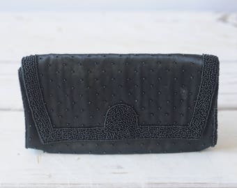 Vintage . Purse Black Black Satin and Seed Pearl Beaded Clutch Very Good Condition +