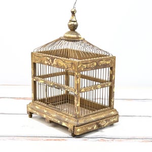 Antique Victorian Wood Bird Cage Antiqued Yellow/Gold Painted, Carved Angel Wings