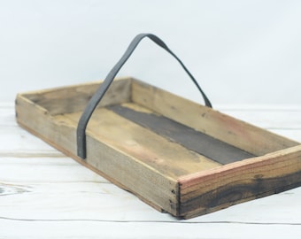 Vintage . Wood Box Antique Wood Tool Box Leather Strap Handle Wood Tote #2