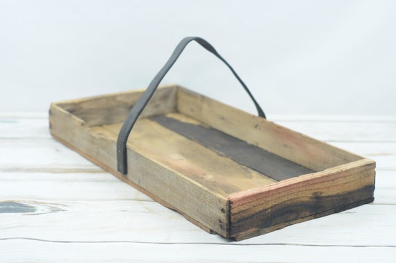 Vintage . Wood Box Antique Wood Tool Box Leather Strap Handle Wood