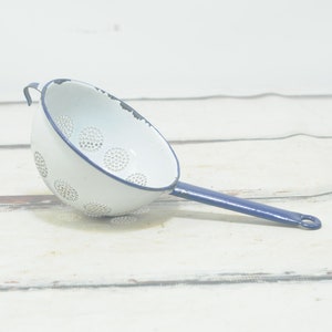 Vintage . Enamelware Blue and White Strainer Colander Sieve Graniteware